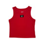 Red tank top with 'LULU MAC' branding on a white background
