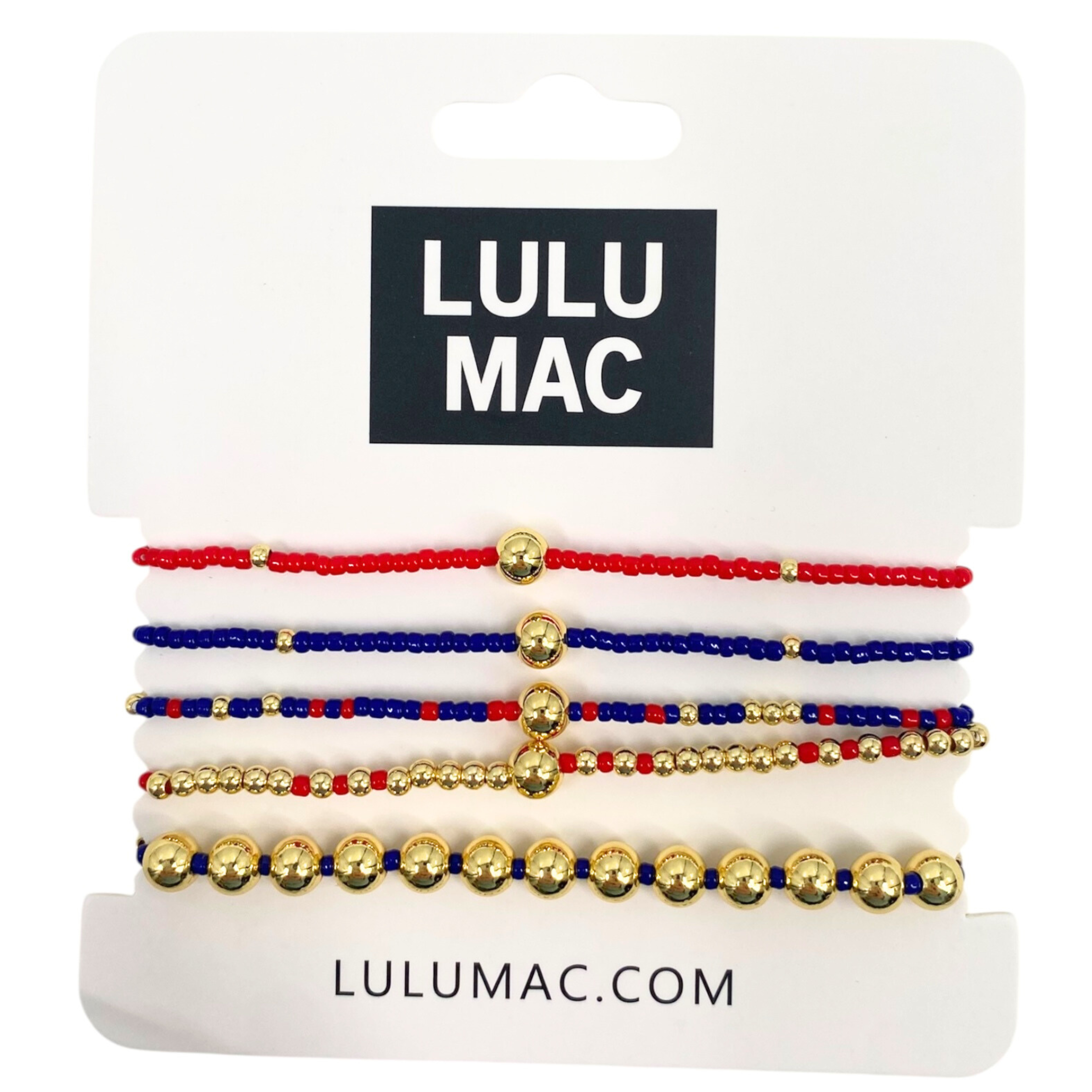 Set of beaded bracelets with red, blue, and gold on a Lulu Mac branded card.