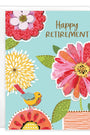 Greeting card with colorful flowers and a bird on a blue background, featuring the text 'Happy Retirement'.