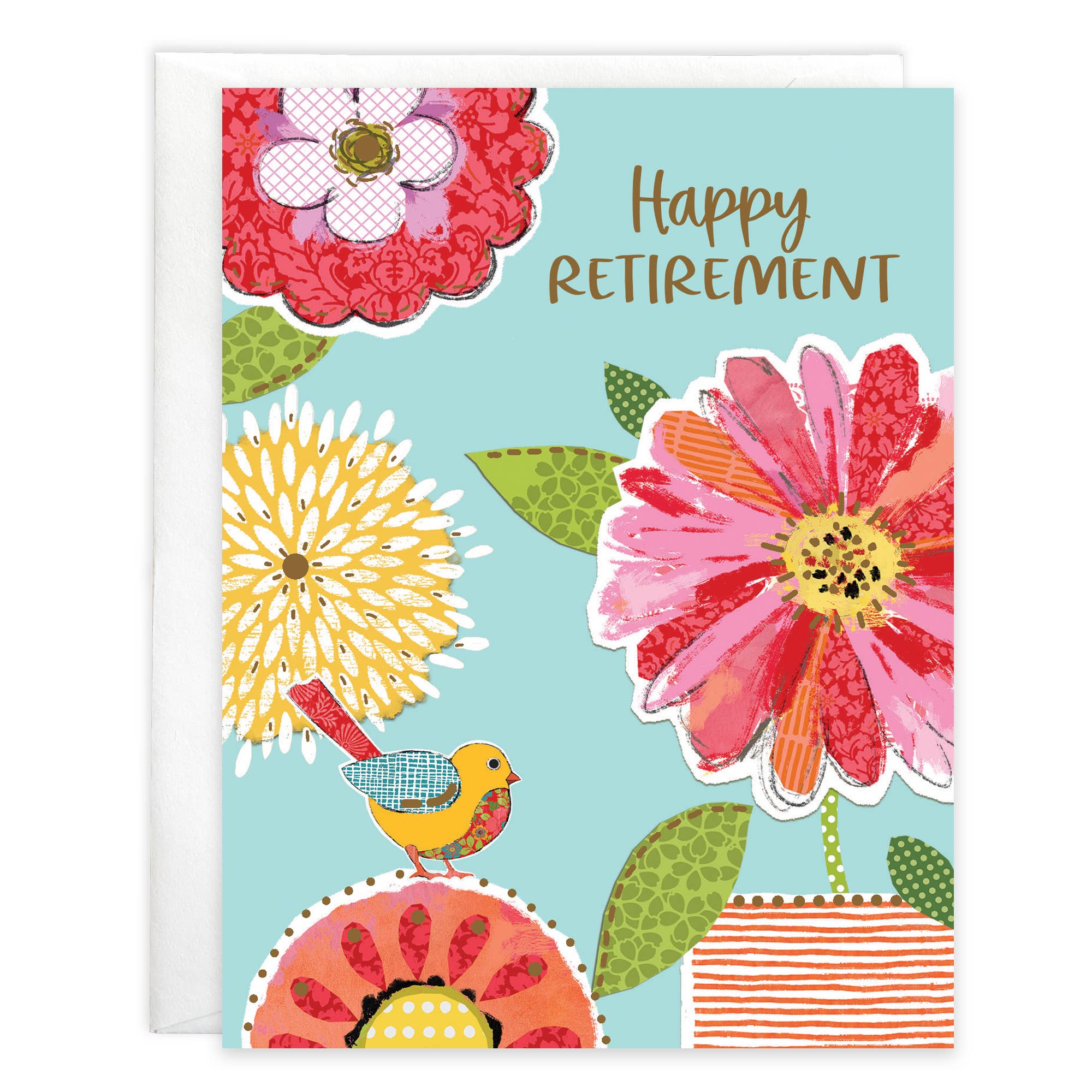 Greeting card with colorful flowers and a bird on a blue background, featuring the text 'Happy Retirement'.