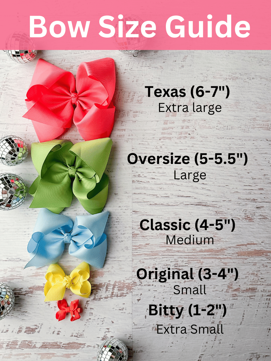Bow size guide with colorful bows and text labels on a wooden surface.