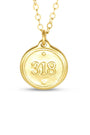 Gold necklace with a round pendant displaying the number '318' on a white background