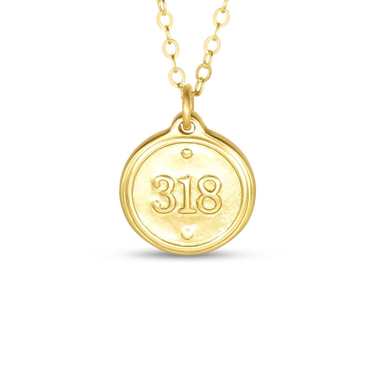 Gold necklace with a round pendant displaying the number '318' on a white background