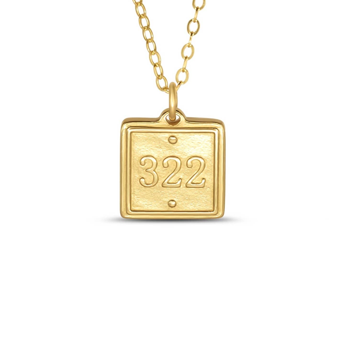 Gold necklace with a square pendant displaying the number '322' on a white background
