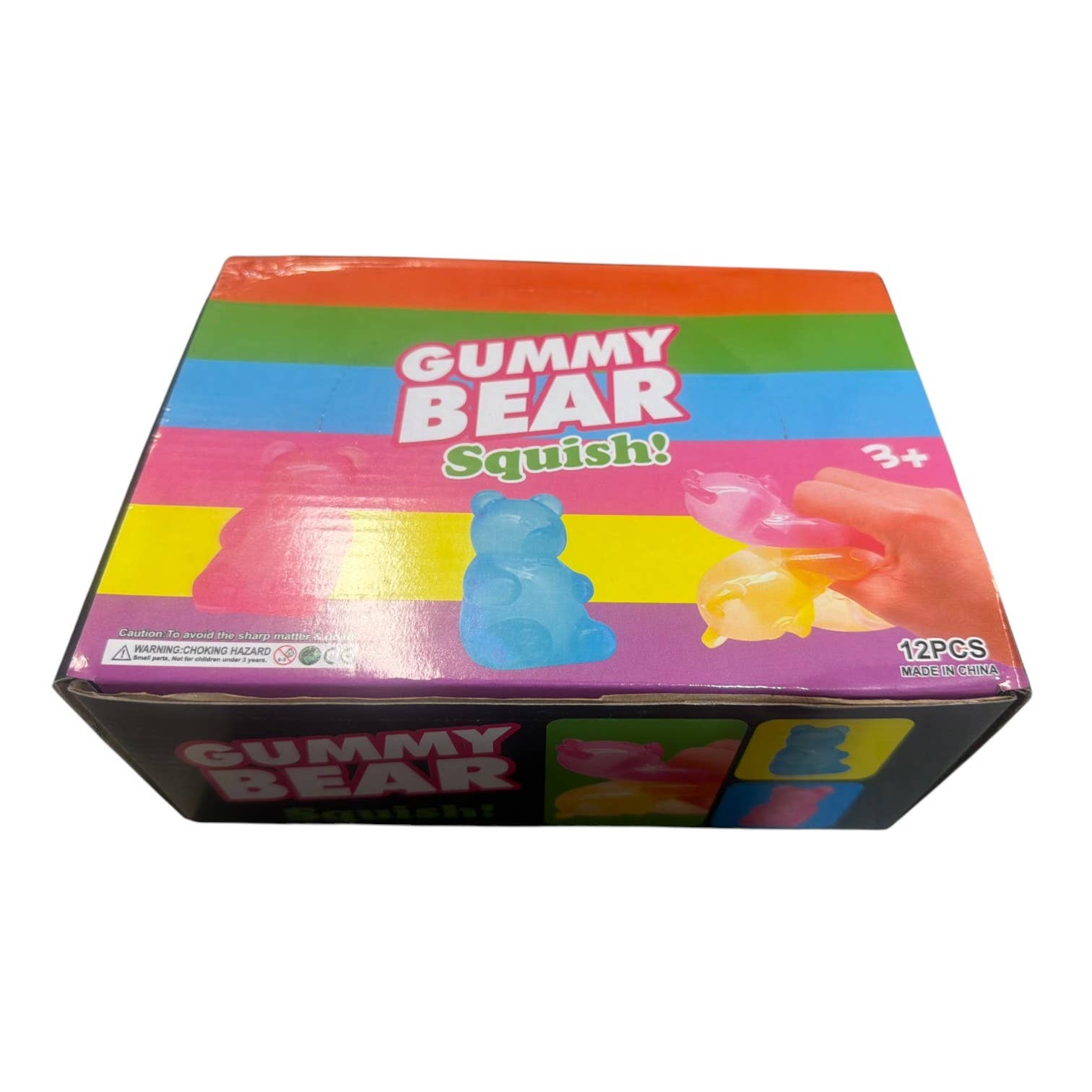 Box of Gummy Bear Squish toys with colorful design on a white background