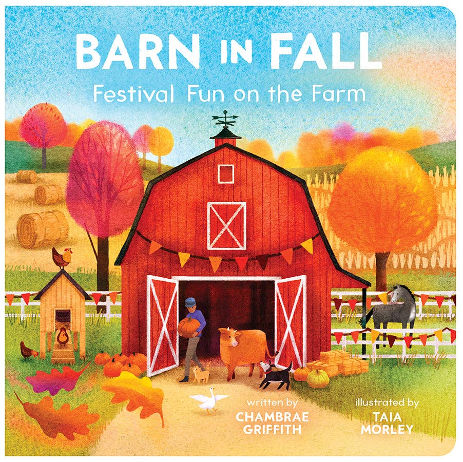 Book cover of 'Barn in Fall' with a red barn, autumn trees, and farm animals.