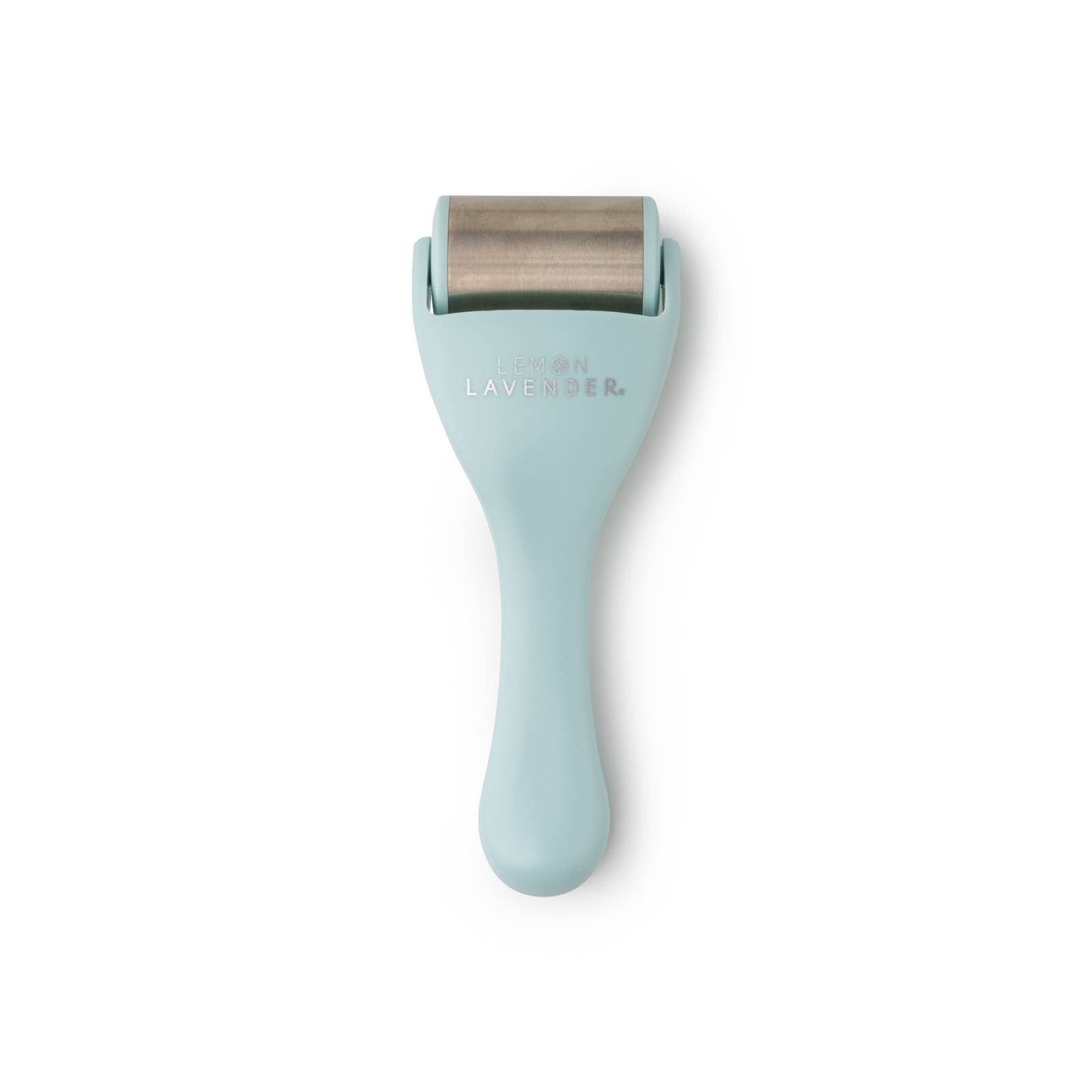 Light blue derma roller with metallic head on a white background