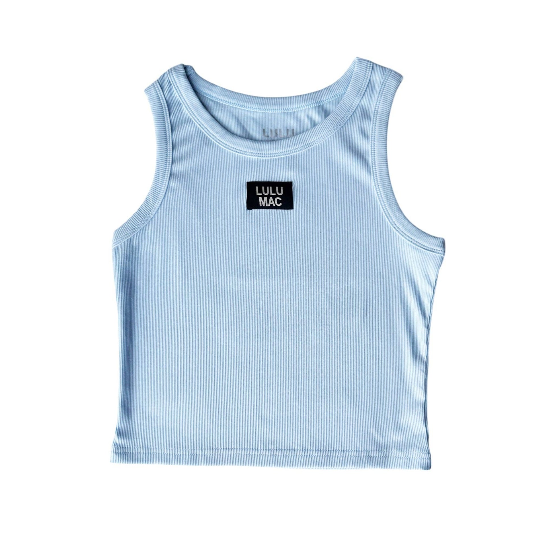 Light blue tank top with 'LULU MAC' logo on a white background