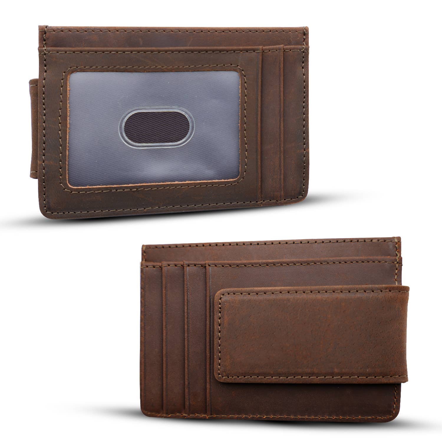 Two brown leather wallets on a white background