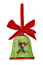 Christmas bell ornament with elf artwork on green bell and red ribbon bow hanger