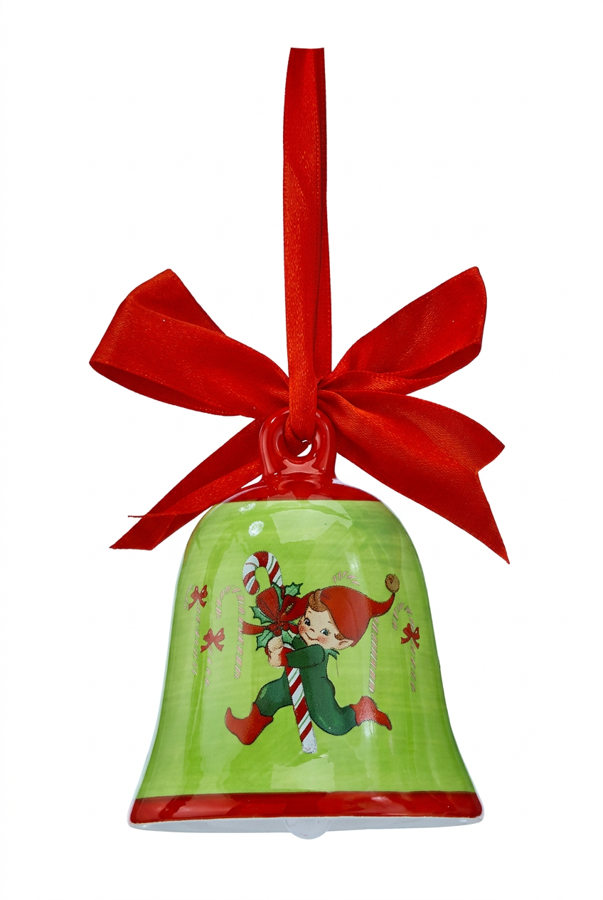 Christmas bell ornament with elf artwork on green bell and red ribbon bow hanger