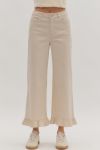 Sand colored pants with ruffle bottom with white background