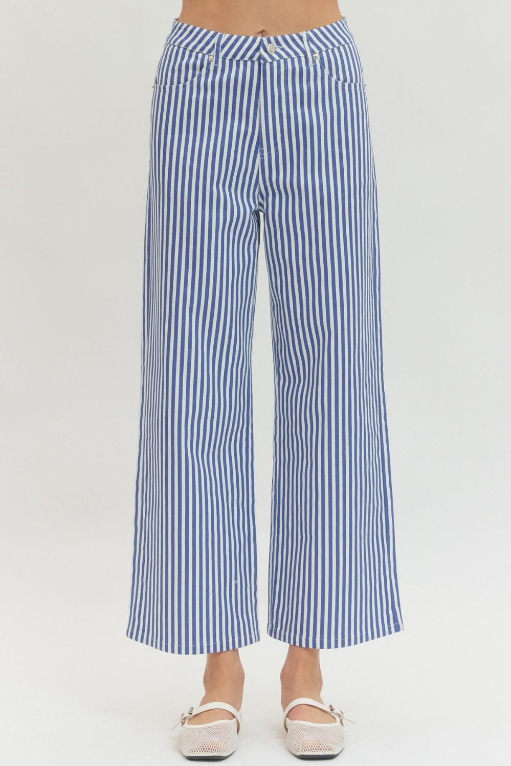Blue and white striped pants on a white background