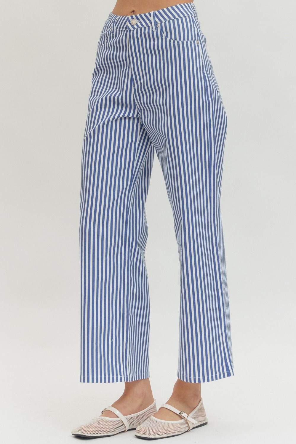 Blue and white striped pants on a plain background
