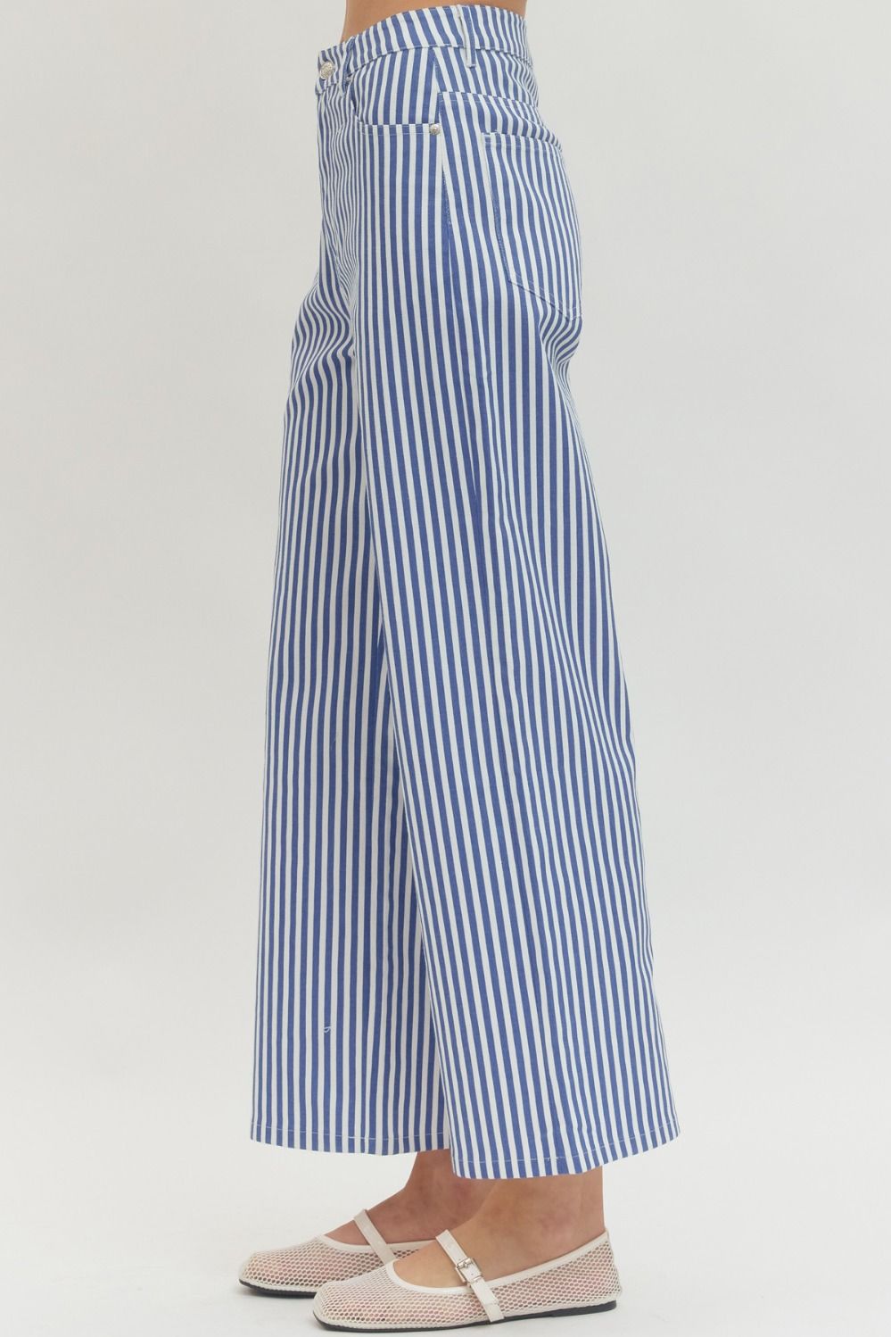 Blue and white striped wide-leg pants on a plain background