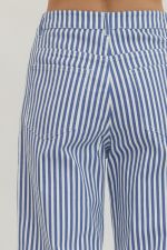 Blue and white striped pants with a close-up on the waistband.
