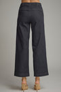 Rear view of a person wearing dark indigo wide-leg cropped jeans with beige mule heels, shown against a plain light gray studio background.