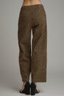 A pair of wide-leg cropped pants with a brown and black leopard print pattern, shown on a model from the back against a neutral gray background.
