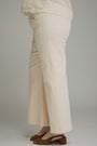 A person shown from the waist down wearing off-white wide-leg cropped pants with a small gold button detail on the pocket, paired with brown mule sandals against a neutral gray studio background.