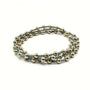 Two beaded bracelets with gold and blue beads on a white background