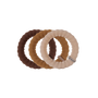 Three ribbed fabric hair ties in dark brown, tan, and light beige, overlapping on a plain white background. Each tie has a small fabric tag with the brand name TELEF.