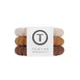 Three Teleties hair tie bands stacked vertically with a white paper label in the center. The bands are in three different neutral shades: a light cream, a warm camel tan, and a medium brown.
