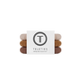 A set of four Teleties hair care towels in neutral earthy tones, stacked vertically with a white paper band featuring the black Teleties logo and brand name.