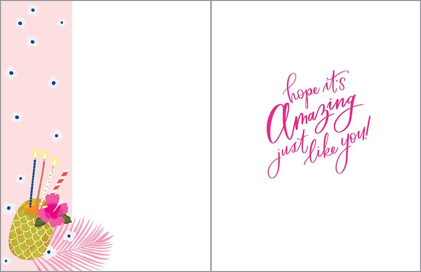 Greeting card with pineapple illustration and text 'hope it's amazing just like you!' on a white background.