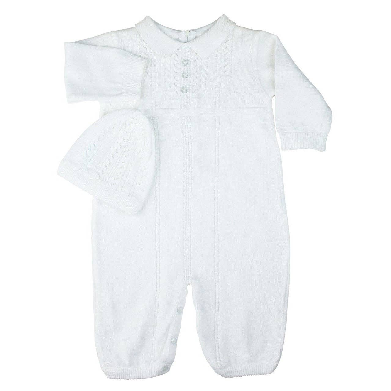 White baby onesie with a textured pattern on a white background