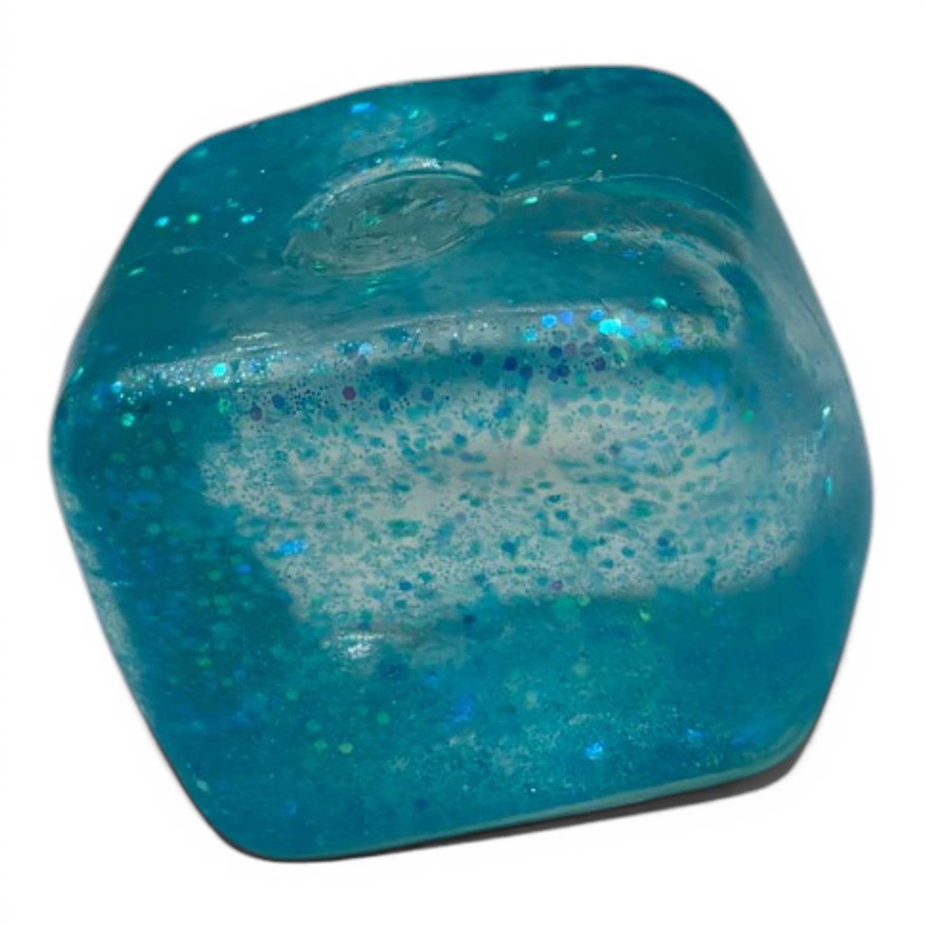 Blue glittery cube on a white background
