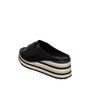Black sandal with striped sole on a white background