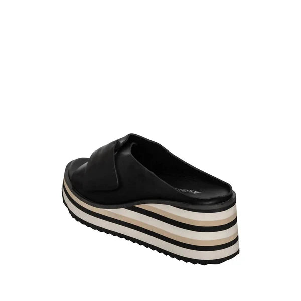 Black sandal with striped sole on a white background
