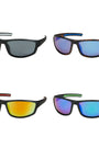 Four pairs of sunglasses with different colored lenses on a white background