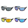 Four pairs of sunglasses with different colored lenses on a white background