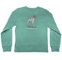 Green long-sleeve shirt with a dog graphic and text on a white background