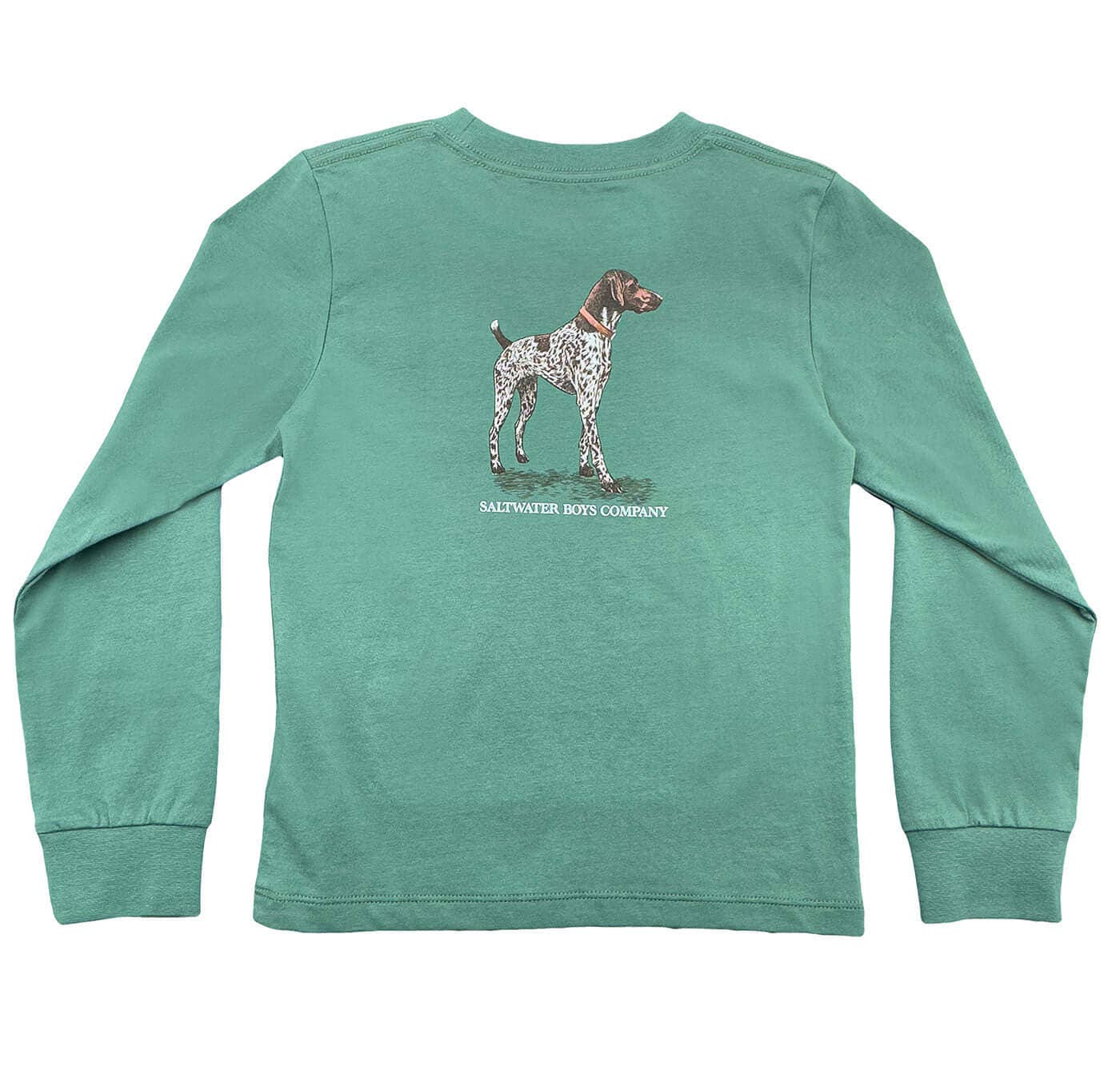 Green long-sleeve shirt with a dog graphic and text on a white background