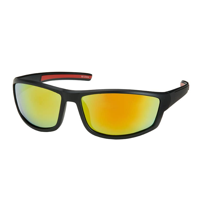 Sunglasses with black frame and yellow-tinted lenses on a white background
