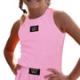 Child wearing a pink tank top and shorts with Lulu Mac branding on a white background