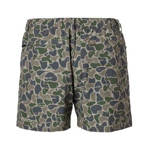 Camouflage-patterned shorts on a white background