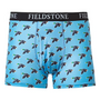 Blue boxer briefs with duck pattern and black waistband with 'Fieldstone' branding on a white background.