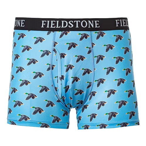 Blue boxer briefs with duck pattern and black waistband with 'Fieldstone' branding on a white background.
