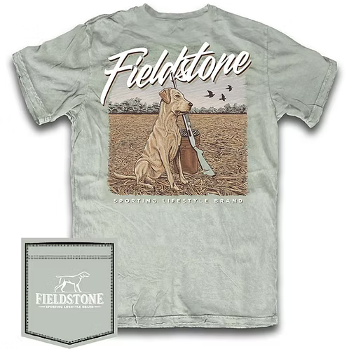 Light Blue t-shirt with hunting graphic and Fieldstone branding on a white background