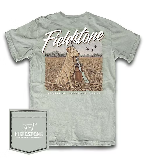 Light Blue t-shirt with hunting graphic and Fieldstone branding on a white background