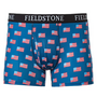 Blue boxer briefs with American flag pattern and black 'Fieldstone' waistband on a white background