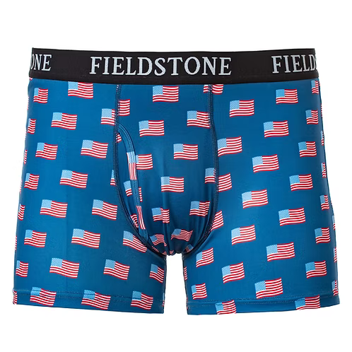 Blue boxer briefs with American flag pattern and black 'Fieldstone' waistband on a white background