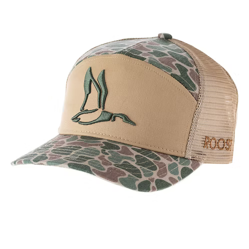 Camouflage baseball cap with mesh back on a white background