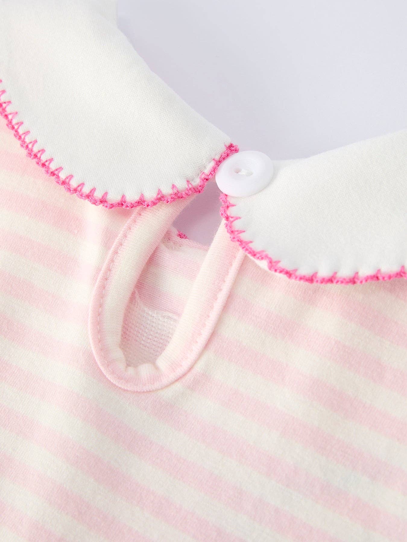 Close-up of a baby outfit with pink and white stripes and a button on a light purple background