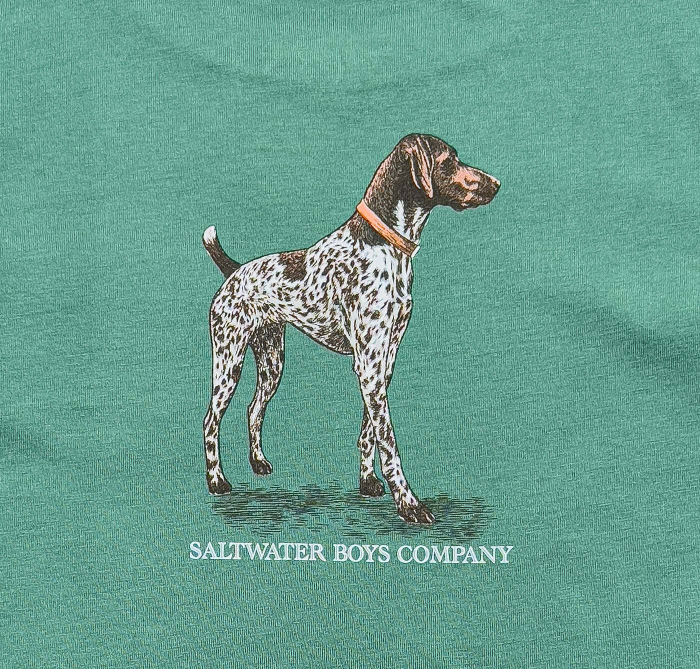 Illustration of a dog on a teal background with 'Saltwater Boys Company' text.