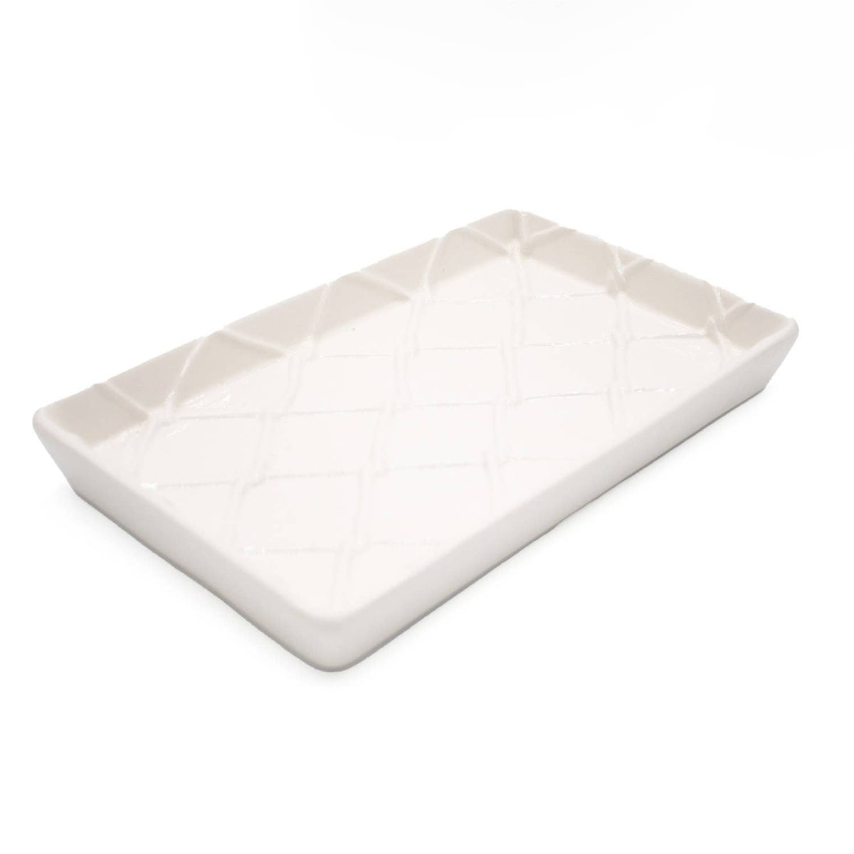 White textured ceramic guest towel tray, rectangular dish with raised grid pattern
