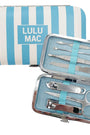 Manicure set with tools and a striped case labeled 'LULU MAC' on a white background